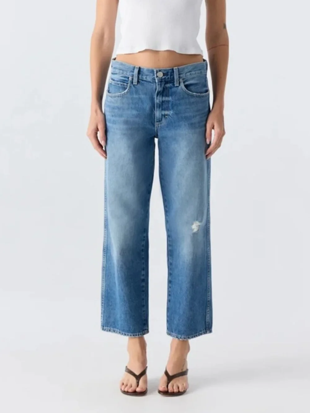 AMO Billie Jeans Warmth Wash Distressed Wide Straight Crop 100% Cotton | Size 29